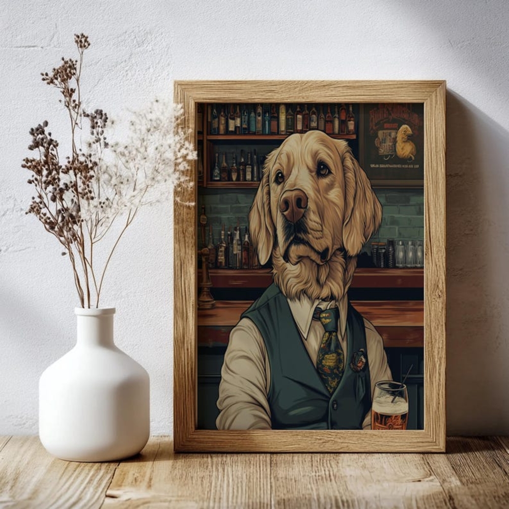Dog Bartender Dapper Portrait, Vintage Retro Golden Retriever Dog Wall Art-